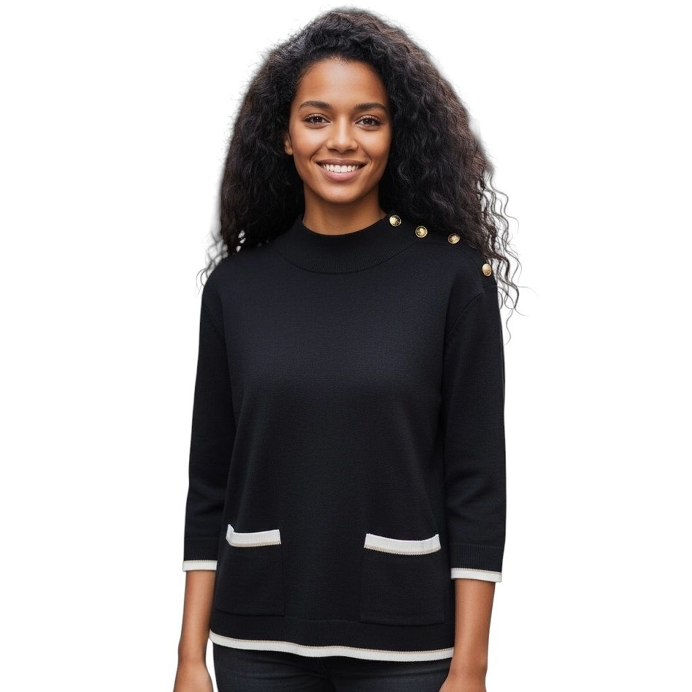 Evan Picone Black Wool Blend Mock Neck Sweater Gold Accent Buttons Pockets